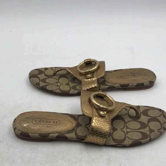 Coach Designer MONOGRAM TStrap Sandals with Logo Pattern / Brown & Gold - Size 9 - Picture 3 of 7